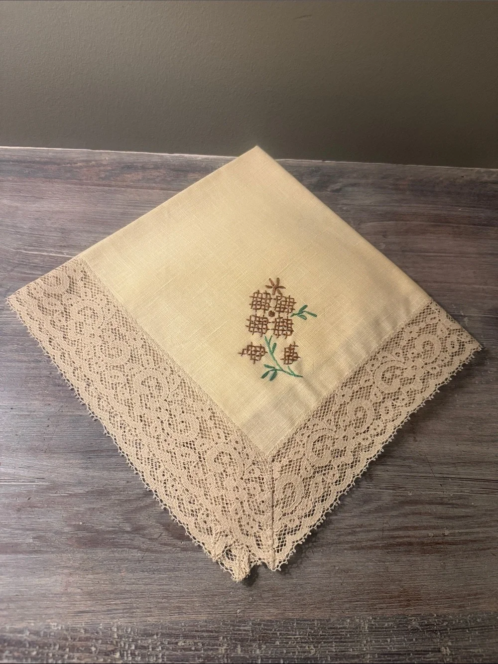 Vintage Embroidered Linen and Lace Table topper